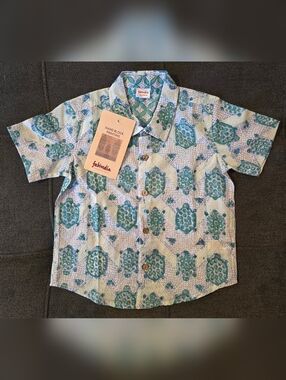 fabindia Blue Teal Printed Short-Sleeve Button-Down Shirt (Size 18-24m)